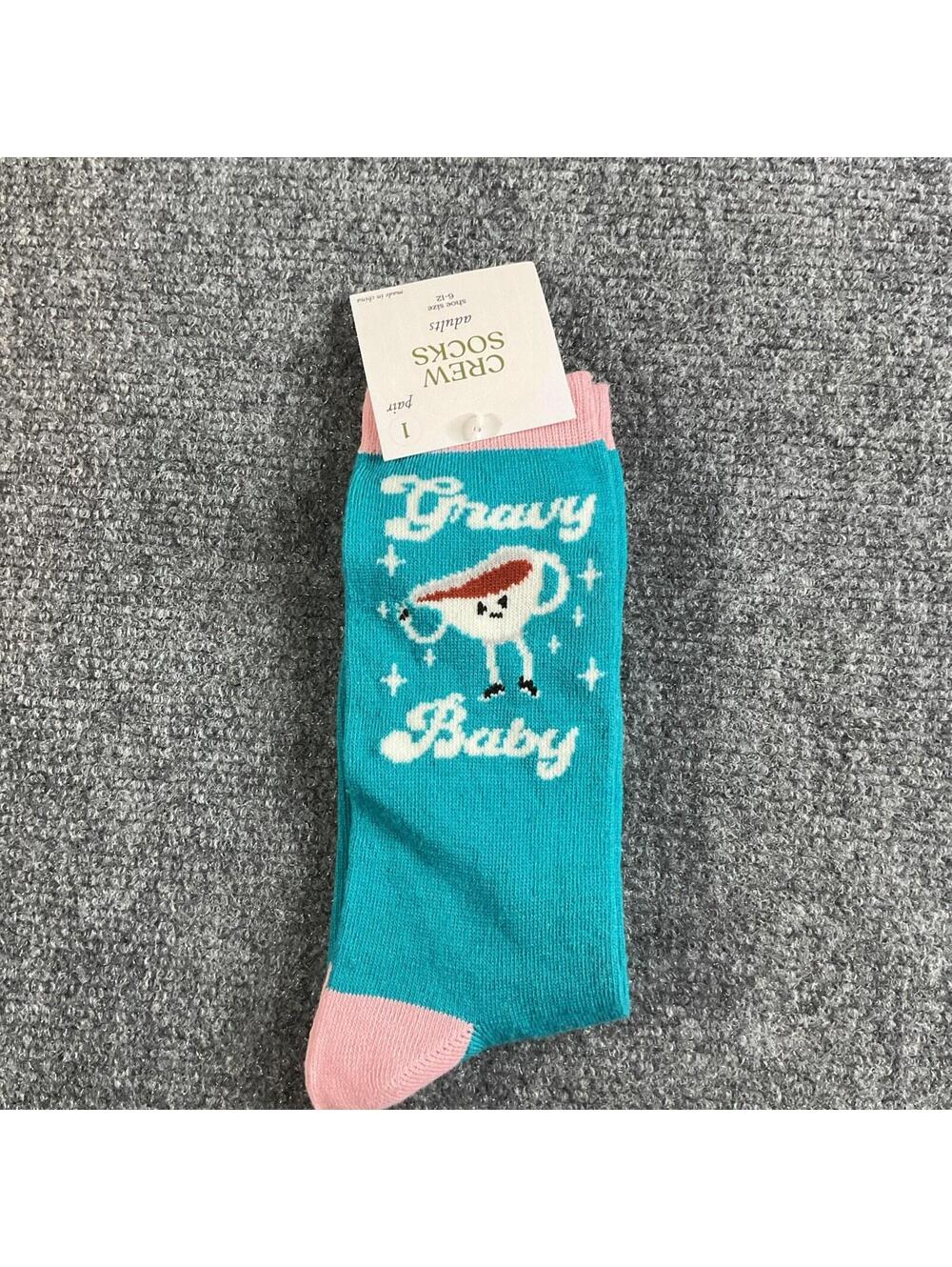 Pair Gravy Baby Crew Socks Adult 6-12 Funny Turquoise Pink Novelty Food NWT